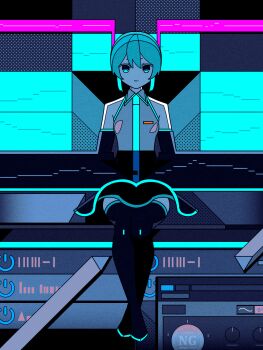 Rule 34 | 1girl, aqua hair, aqua necktie, audio interface, dial, flat color, hatsune miku, highres, limited palette, looking at viewer, machigami yoh, necktie, power symbol, shapes, sitting, smile, solo, style request, tagme, vocaloid