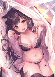 Rule 34 | 1girl, absurdres, animal ears, black bra, black hair, black panties, black thighhighs, blanket, bow, bra, breasts, brown eyes, cat ears, cat girl, cat hair ornament, cat tail, cleavage, commentary request, curtains, dutch angle, fangs, frilled pillow, frills, hair bow, hair ornament, handheld game console, hands up, headphones, headphones removed, heart, highres, indoors, jacket, large breasts, long sleeves, looking at viewer, mole, mole on breast, navel, nemuri nemu, non-web source, open clothes, open jacket, open mouth, original, panties, pillow, pink bow, puffy long sleeves, puffy sleeves, pulled by self, purple jacket, sleeves past wrists, solo, strap pull, sunset, tail, thighhighs, underwear, window