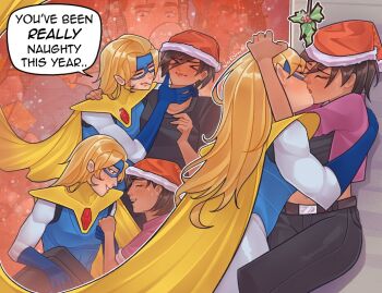 >_< 1boy 3girls artist_name black_pants black_shirt blonde_blazer blonde_hair blush cape closed_eyes closed_mouth commentary derkdrew124 dispatch english_commentary english_text french_kiss hand_on_another's_head hat invisigal_(dispatch) kiss long_hair malevola_(dispatch) mask mistletoe multiple_girls pants robert_robertson saliva santa_hat shirt speech_bubble sweat yellow_cape yuri