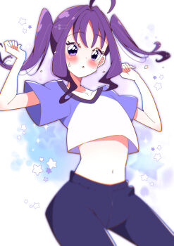 1girl absurdres ahoge blue_background blush collarbone commentary contrapposto cowboy_shot cropped_shirt flying_sweatdrops gradient_background hair_intakes hands_up highres kimi_to_idol_precure looking_at_viewer medium_hair midriff navel pants parted_lips pixiv_logo pixiv_username potacure precure purple_background purple_eyes purple_hair purple_pants purple_shirt shigure_kokoro shirt short_sleeves solo star_(symbol) star_symbol_background stomach sweat twintails twitter_username twitter_x_logo white_background