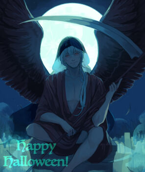 1boy a_date_with_death alternate_costume black_wings casper_(a_date_with_death) cloak colored_smoke falling_feathers feathered_wings feathers figure_four_sitting foot_out_of_frame full_body green_theme hair_between_eyes hair_over_shoulder happy_halloween head_tilt highres holding holding_scythe hood hood_up hooded_cloak jellyfish_cut looking_at_viewer male_focus moon_behind_head official_art open_clothes open_robe pectorals promotional_art red_eyes red_robe robe scythe sitting smile smirk smoke solo white_hair wings