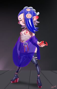 1girl 8-tomb absurdres bandages bare_shoulders black_background black_pants blue_hair breasts clothes_pull ear_piercing full_body gradient_background grin highres long_hair medium_breasts nintendo nipples octoling pants pants_pull piercing platform_heels pussy red_eyes see-through_clothes sharp_teeth shiver_(deep_cut_outfit)_(splatoon) shiver_(splatoon) smile solo splatoon_(series) splatoon_3 standing teeth tentacle_hair topless_female torn_clothes uncensored