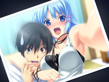 1boy 1girl arm_around_neck black_tube_top blue_eyes blue_hair blush bracelet breasts game_cg halterneck highres himuro_rikka jewelry koutaro kusakari_kaito looking_at_viewer medium_breasts necklace open_mouth polaroid_photo reaching reaching_towards_viewer selfie strapless sweatdrop tropical_kiss tube_top