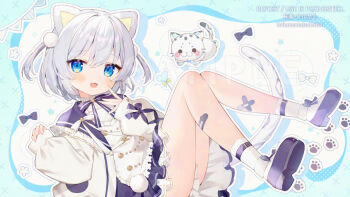 Rule 34 | 1girl, :d, animal, animal ears, apron, black shoes, black skirt, blue eyes, commentary request, commission, frilled apron, frills, grey hair, jacket, knees together feet apart, kohaku nene, la peche party, long sleeves, looking at viewer, open clothes, open jacket, open mouth, outline, pennant, pinching sleeves, pleated skirt, puffy long sleeves, puffy sleeves, sample watermark, shoe soles, shoes, skeb commission, skirt, sleeves past wrists, smile, socks, solo, string of flags, toufu mentaru zabuton, two side up, virtual youtuber, watermark, white apron, white jacket, white outline, white socks
