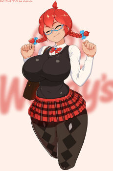 Rule 34 | 1girl, argyle clothes, argyle pantyhose, bag, black pantyhose, black sweater, blue bow, blurry, blurry background, bow, bowtie, breasts, closed eyes, closed mouth, collared shirt, cropped legs, facing viewer, frilled skirt, frills, hair bow, highres, large breasts, microskirt, nisetanaka, pantyhose, plaid clothes, plaid skirt, pleated skirt, red bow, red skirt, school uniform, semi-rimless eyewear, shirt, shoulder bag, skirt, smile, solo, sweater, thighs, twintails, wendy's, wendy (wendy's), white shirt, wide hips