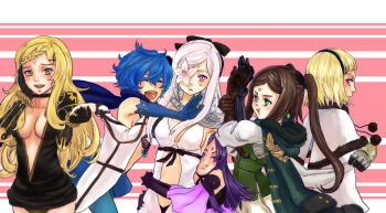 6+girls :t armor artist_request bare_shoulders blonde_hair blue_hair blush breasts brown_hair cape choker detached_sleeves drag-on_dragoon drag-on_dragoon_3 dress earrings eyepatch five_(drag-on_dragoon) flower four_(drag-on_dragoon) gauntlets glomp gloves green_eyes hairband holding_hands highres hug jewelry long_hair multiple_girls one_(drag-on_dragoon) open_mouth pink_eyes purple_eyes purple_hair red_eyes scarf short_hair smile sweatdrop three_(drag-on_dragoon) twintails two_(drag-on_dragoon) white_hair yellow_eyes zero_(drag-on_dragoon)