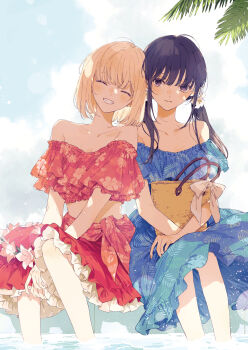 2girls bag bare_shoulders black_hair blonde_hair blue_dress blue_sky blush breasts closed_eyes closed_mouth cloud collarbone crop_top dress flower hair_flower hair_ornament highres inoue_takina kakmxxxny06 long_hair looking_at_viewer lycoris_recoil multiple_girls nishikigi_chisato open_mouth outdoors palm_leaf palm_tree pool poolside purple_eyes red_shirt red_skirt shirt short_hair shoulder_bag skirt sky smile sundress teeth tree water