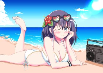 Rule 34 | 1girl, barefoot, beach, bikini, blue eyes, breasts, cleavage, floral print, flower, hair flower, hair ornament, halterneck, heart, heart-shaped eyewear, hibiscus, highres, horizon, large breasts, leg up, looking at viewer, lying, medium hair, misora (princess connect!), misora (summer) (princess connect!), multicolor-tinted eyewear, nojyo plus, ocean, on stomach, one eye closed, princess connect!, print bikini, purple hair, radio, rainbow-tinted eyewear, red flower, sand, side-tie bikini bottom, sidelocks, single wrist cuff, smile, soles, solo, swimsuit, tinted eyewear, toes, white bikini, wrist cuffs