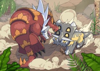 Rule 34 | absurdres, bastiodon, claws, commentary request, day, eye contact, gen 4 pokemon, gen 6 pokemon, highres, looking at another, nintendo, no humans, open mouth, outdoors, pokemon, pokemon (creature), pokemon focus, q-chan, teeth, tongue, tyrantrum, yellow eyes