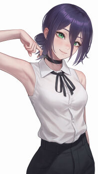 1girl arm_up armpits black_choker black_pants black_ribbon blush breasts chainsaw_man choker closed_mouth collared_shirt commentary cowboy_shot green_eyes hair_between_eyes hair_bun highres looking_at_viewer medium_breasts neck_ribbon nose_blush pants purple_hair reze_(chainsaw_man) ribbon shirt short_hair simple_background single_hair_bun sleeveless sleeveless_shirt smile solo umigraphics white_background white_shirt