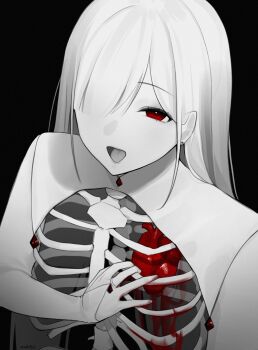 Rule 34 | 1girl, artist name, black background, blood, earrings, eyelashes, greyscale, hair over one eye, hand on own chest, heart, heart (organ), highres, jewelry, long hair, looking at viewer, monochrome, open mouth, original, red eyes, ribs, skeleton, solo, sooblyz, spine, spot color, stud earrings, upper body, watermark, white background