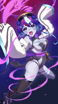 bandaid bandaid_on_face bandaid_on_nose black_hat black_shoes black_thighhighs blue_flower blue_hair braid braided_hair_rings breasts cleavage colored_eyelashes colored_skin commentary covered_navel detached_sleeves dot_nose eyelashes fang flower ghost grey_skin hair_rings hat high_heels highres jiangshi melody_(projektmelody) melody_(projektmelody)_(jiangshi) multicolored_eyes multicolored_hair official_alternate_costume open_mouth power_symbol purple_hair purple_sash red_hair sash shoes single_thighhigh skin_fang sleeves_past_fingers sleeves_past_wrists smile stitched_leg stitches streaked_hair symbol-only_commentary tassel thighhighs user_utxm3582 virtual_youtuber vshojo