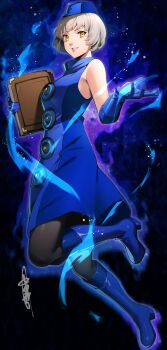 1girl black_pantyhose blue_boots blue_dress blue_gloves book boots breasts commentary commission dress elizabeth_(persona) english_commentary full_body gloves grey_hair highres looking_at_viewer nakano_maru pantyhose persona persona_3 short_hair skeb_commission smile solo yellow_eyes