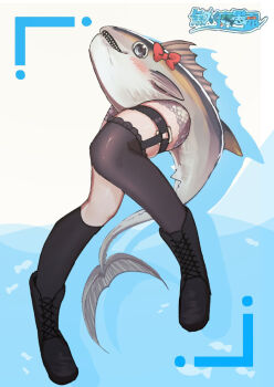1other april_fools asymmetrical_legwear black_boots black_socks black_thighhighs bluefin_tuna blush boots bow character_request commentary_request drop_shadow fish full_body grey_eyes grey_scales highres indie_virtual_youtuber kneehighs lace-up_boots legwear_garter looking_at_viewer open_mouth red_bow scales sharp_teeth single_kneehigh single_sock single_thighhigh smile socks solo teeth thighhighs uneven_legwear viewfinder virtual_youtuber wanko_sora what white_background