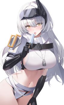 1girl absurdres armor bandaged_waist bandages black_gloves blush breasts capelet commentary_request crop_top dog_tags elbow_gloves food gloves goddess_of_victory:_nikke highres holding holding_food holding_popsicle jacket large_breasts long_hair looking_at_viewer mechanical_arms nannung navel official_alternate_costume panties popsicle scar scar_on_stomach shirt shoulder_armor simple_background snow_white_(heavy_arms)_(nikke) snow_white_(nikke) solo tongue tongue_out torn_capelet torn_clothes underwear very_long_hair visor_(armor) white_background white_capelet white_hair white_panties white_shirt yellow_eyes