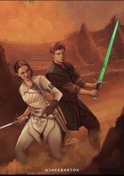 Rule 34 | 1boy, 1girl, alternate costume, anakin skywalker, artist name, brown gloves, brown hair, brown pants, brown tunic, desert, gloves, highres, holding, holding sword, holding weapon, jacket, jr bartok, outdoors, padme amidala, pants, short hair, signature, single glove, star wars, star wars: attack of the clones, sword, tunic, weapon, white jacket, white pants