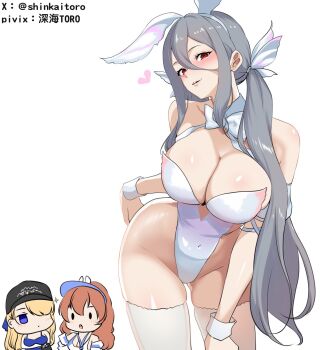 3girls blush breasts brown_dust_(series) brown_dust_2 chibi cleavage commentary_request covered_navel grey_hair groin hair_between_eyes highres large_breasts leotard lips long_hair looking_at_viewer morpeah_(brown_dust) multiple_girls open_mouth playboy_bunny ponytail red_eyes shinkai_toro simple_background smile thighhighs twintails very_long_hair white_background white_leotard white_thighhighs wilhelmina_(brown_dust) wilhelmina_(water_park_queen)_(brown_dust) zenith_(brown_dust) zenith_(poolside_guardian)_(brown_dust)