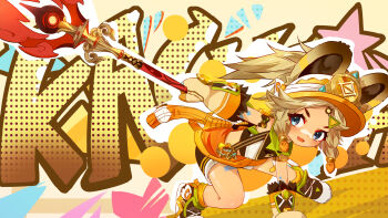 1girl absurdres animal_ears blonde_hair blue_eyes braid chinchilla_ears chinchilla_girl chinchilla_tail crop_top fur-lined_gloves fur-trimmed_mittens fur_trim genshin_impact gloves highres holding holding_polearm holding_weapon kachina_(genshin_impact) long_hair mittens open_mouth orange_mittens orange_visor polearm smile solo spear staff_of_homa_(genshin_impact) visor_cap weapon