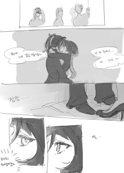 2girls absurdres animal_ears closed_eyes eardoor_1022 formal_clothes hand_on_another's_back high_heels highres hug jane_doe_(zenless_zone_zero) kiss korean_commentary long_hair looking_to_the_side monochrome mouse_ears mouse_girl multicolored_hair multiple_girls people police police_uniform policewoman ponytail short_hair streaked_hair suit taking_picture translation_request watching yuri zhu_yuan