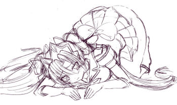 1girl apologizing bowing breasts cleavage dogeza downblouse elbow_gloves female_focus fuchi gloves kneeling long_hair mahou_senshi_sweet_knights_2 maid_headdress monochrome simple_background solo sweet_knights sweet_passion tears twintails very_long_hair wavy_mouth white_background