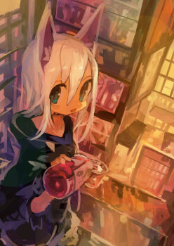1girl absurdres animal_ears black_hoodie blue_eyes bottle commentary_request cup drink drinking_glass hair_between_eyes highres holding holding_bottle hood hood_down hoodie indoors kaamin_(mariarose753) open_mouth original pouring solo white_hair