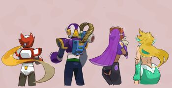 2boys 2girls armor ass bare_shoulders blonde_hair blush cairngorm999 cowboy_shot from_behind group_picture helmet highres layer_(mega_man) long_hair marty_(mega_man) mega_man_(series) mega_man_x_(manga) mega_man_x_(series) multiple_boys multiple_girls purple_armor purple_hair purple_helmet shoulder_cannon simple_background vile_(mega_man) zero_(mega_man)