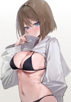 Rule 34 | 1girl, alternate costume, bikini, bikini under clothes, black bikini, blue eyes, breasts, brown hair, commentary, grey shrug, highres, hooded shrug, kantai collection, maya (kancolle), medium breasts, meme attire request, navel, parted lips, picoli1313, short hair, shrug (clothing), solo, swimsuit, upper body, white background