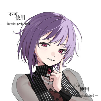 1girl amoris_(bang_dream!) bang_dream! bang_dream!_it's_mygo!!!!! blush commentary_request highres index_finger_raised longshengyan nail_polish parted_lips pink_eyes purple_hair red_nails short_hair simple_background solo white_background yuutenji_nyamu