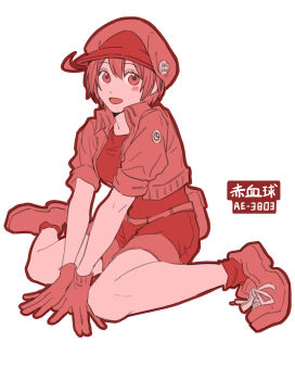 1girl absurdres ae-3803 ahoge belt breasts collared_jacket commentary_request cropped_jacket hair_between_eyes hat hataraku_saibou highres jacket large_breasts long_sleeves looking_at_viewer medium_hair monochrome open_mouth red_blood_cell_(hataraku_saibou) red_hair red_hat rougui_(he_fengyu) shirt shoes shorts simple_background sitting sleeves_rolled_up smile socks solo u-1146 white_background white_blood_cell_(hataraku_saibou)