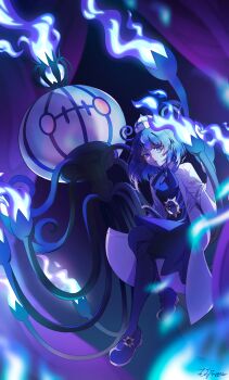 1girl absurdres black_dress black_hair black_shoes blue_eyes blue_fire blunt_bangs blurry chandelure coat commentary_request dress fire gen_5_pokemon gwynn_(pokemon) hand_up hat highres long_hair mega_chandelure neck_ribbon nintendo open_clothes open_coat open_mouth pantyhose pokemon pokemon_(creature) pokemon_legends:_z-a qiyi_7117 ribbon shoes signature