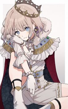 Rule 34 | 1girl, arm support, belt, black cloak, blue belt, blue eyes, blue gemstone, border, capelet, cloak, closed mouth, crown, dot nose, earrings, epaulettes, feet out of frame, floral print, frilled capelet, frilled gloves, frilled sleeves, frills, fringe trim, fur-trimmed cloak, fur trim, gem, gloves, gradient background, green gemstone, grey background, grey hair, hand on own shoulder, heart, heart earrings, highres, idolmaster, idolmaster shiny colors, jewelry, knee up, light smile, looking at viewer, messiah go, outside border, red cloak, red gemstone, serizawa asahi, shirt, short hair, shorts, signature, sitting, socks, solo, three-quarter sleeves, two-tone cloak, white border, white gloves, white shirt, white shorts, white socks