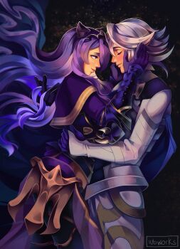 1boy 1boy1girls 1girl armor camilla_(fire_emblem) fire_emblem fire_emblem_fates hand_through_hair hands_around_waist hetero hugging_partner husband_and_wife iubworks long_hair loving loving_aura male_corrin_(fire_emblem) nintendo prince princess purple_hair tiara touching_another’s_face