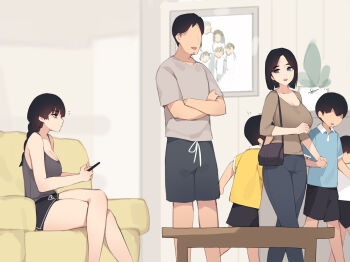 2girls 4boys akiyama_fumika_(pepper0) akiyama_minato_(pepper0) akiyama_ryosuke_(pepper0) akiyama_toru_(pepper0) akiyama_yuko_(pepper0) akiyama_yuto_(pepper0) bag black_hair black_pants black_shorts braid braided_ponytail breasts brown_shirt cellphone child cleavage couch crossed_arms faceless faceless_male family father_and_daughter father_and_son highres holding holding_bag holding_hands holding_phone indoors large_breasts long_hair looking_at_another mature_female mother_and_daughter mother_and_son multiple_boys multiple_girls on_couch original pants pepper0 phone photo_(object) plant shirt short_hair shorts sitting table walking