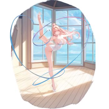 1girl artist_request ass athletic_leotard ballerina ballet_slippers breasts dance_studio en_pointe full_body highres holding holding_ribbon indoors large_breasts leotard long_hair looking_at_viewer official_alternate_costume official_alternate_hairstyle official_art pink_hair ponytail purple_eyes ribbon solo split standing standing_on_one_leg standing_split tiptoes transparent_background victorious_(warship_girls_r) warship_girls_r white_leotard