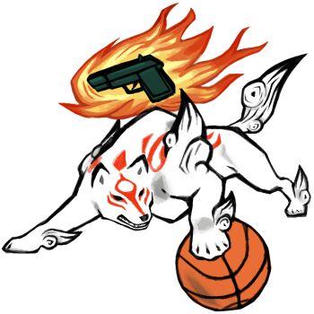 Rule 34 | absurdres, amaterasu (ookami), animal focus, ball, basketball (object), black eyes, body markings, commentary, divine markings, dreaddraggo, english commentary, fire, gun, handgun, highres, markings, no humans, ookami (game), weapon, white fur, white wolf, wolf