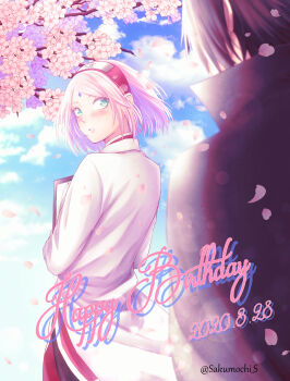 1boy 1girl absurdres black_cape black_hair blush boruto:_naruto_next_generations cape cherry_blossoms clipboard cloud cloudy_sky coat dated day green_eyes happy_birthday haruno_sakura highres holding holding_clipboard konohagakure_symbol long_sleeves looking_at_another mochiii-s naruto_(series) petals pink_hair short_hair sky twitter_username uchiha_sasuke white_coat