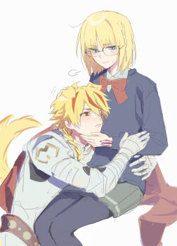 Rule 34 | 1boy, 1girl, absurdres, ahoge, animal ears, armor, blonde hair, blue eyes, blush, braid, braided ponytail, cape, chinese commentary, collared shirt, commentary request, dog boy, dog ears, dog tail, fate/strange fake, fate (series), glasses, headpat, highres, hug, kemonomimi mode, medium hair, multicolored hair, pantyhose, red eyes, red streaks, richard i (fate), sajou ayaka (fate/strange fake), shirt, side braid, sigh, simple background, single braid, sitting, skirt, sweatdrop, sweater, tail, white background, yitiaokuchazi