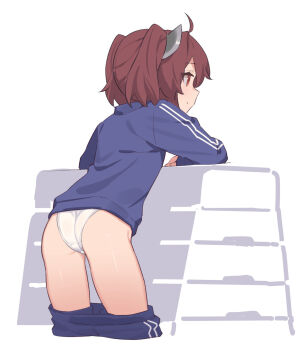 1girl ahoge ass brown_hair clothes_pull crotch_seam headgear highres jacket panties pants pants_pull profile red_eyes short_hair solo touhoku_kiritan track_jacket track_pants underwear voiceroid white_panties yamamomo_(plank)