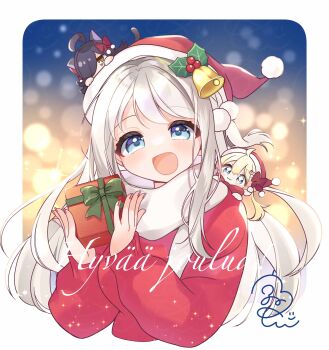 3girls :3 :d absurdres ahoge animal_ears bags_under_eyes black_hair blonde_hair blue_eyes bow brown_eyes cat_ears cat_girl cat_tail character_request chibi closed_mouth commentary_request cropped_torso gift grey_hair hair_over_one_eye hat highres holding holding_gift kageyama_kokage long_hair long_sleeves lyydia_alaja multiple_girls nail_polish open_mouth puffy_long_sleeves puffy_sleeves red_bow red_hat red_nails red_shirt rougetsu santa_hat saunoa! scarf shirt signature sleeves_past_wrists smile tail translation_request very_long_hair white_scarf