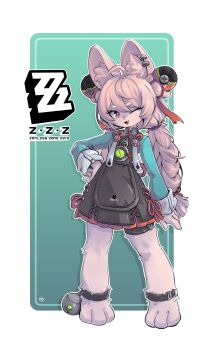 1girl accessories ahoge animal_ear_fluff black_dress bright_pupils dress ear_piercing fang furry furry_female green_background green_shirt hair_ribbon hand_on_own_hip highres medallion num_ber_55_art one_eye_closed pawpads piercing pink_fur pink_hair rabbit_girl red_dress ribbon screw shirt solo strap thick_eyebrows twintails white_background white_fur white_pupils zenless_zone_zero zhao_(zenless_zone_zero)