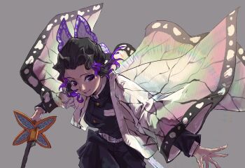 1girl black_hair butterfly_hair_ornament closed_mouth cowboy_shot grey_hair hair_bun hair_ornament haori highres holding holding_sword holding_weapon japanese_clothes jujutsu_tech_uniform kimetsu_no_yaiba kochou_shinobu looking_at_viewer purple_eyes purple_hair sidelocks smile sword weapon wide_sleeves yuan_jessie0430