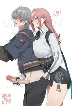 1boy 1girl absurdres artist_name black-framed_eyewear black_gloves black_pants black_skirt breast_press breasts clothes_pull collared_shirt commentary english_commentary from_side glasses gloved_handjob gloves grey_hair half_gloves handjob heart hetero high-waist_skirt highres large_breasts long_hair pants pants_pull penis pink_eyes pink_hair reach-around ring_hair_ornament shirt short_hair skirt spoken_heart tsukishiro_yanagi uncensored unrulyfriedrice white_background white_shirt wise_(zenless_zone_zero) zenless_zone_zero