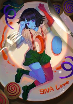 1girl black_hair blue_eyes blue_skin blunt_bangs blunt_ends bob_cut colored_skin commentary drooling_blood ena:_dream_bbq ena_(dream_bbq) ena_(series) ena_(species) english_commentary fork green_hat hangover_ena hat highres hole_on_body injury knife mini_person minigirl multicolored_skin navel plate red_skin shirt short_sleeves spiral sweat two-tone_skin usagimarumei