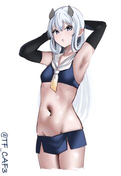 1girl absurdres armpits arms_behind_head black_gloves blue_hair blue_shirt blue_skirt blush breasts cowboy_shot crop_top cropped_legs cropped_shirt double-parted_bangs elbow_gloves gloves hair_between_eyes hair_rings hashtag-only_commentary headgear highres i-203_(kancolle) kantai_collection long_hair looking_at_viewer microskirt navel one-hour_drawing_challenge open_mouth purple_eyes sailor_collar shirt sidelocks simple_background skirt small_breasts solo standing stomach tf_cafe twitter_username very_long_hair white_background white_sailor_collar