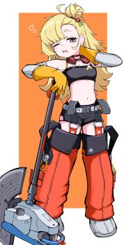 1girl bare_shoulders black_shirt black_shorts blonde_hair blush border crop_top detached_pants detached_sleeves earrings full_body gloves goggles goggles_around_neck green_eyes hand_up highres jewelry long_hair looking_at_another looking_at_viewer midriff navel one_eye_closed open_mouth orange_background orange_pants pants piper_wheel shirt shoes short_eyebrows shorts simple_background solo spiked_shirt squeans thick_eyebrows weapon white_border white_shoes yellow_gloves yuntaro_(ramen_star) zenless_zone_zero