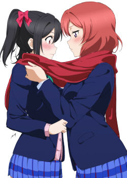 2girls absurdres black_hair blush bow breasts cardigan closed_mouth commentary from_side highres layered_clothes long_sleeves looking_at_another love_live! love_live!_school_idol_project multiple_girls nagi_mkrnpn nishikino_maki otonokizaka_school_uniform pink_bow pink_cardigan pleated_skirt pocket profile purple_eyes red_hair red_scarf scarf school_uniform shared_clothes shared_scarf short_twintails simple_background skirt twintails white_background yazawa_nico yuri