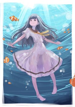 Rule 34 | 1girl, arms at sides, barefoot, black hair, blunt bangs, brown eyes, brown sailor collar, brown serafuku, closed mouth, clownfish, commentary, covered navel, dress, fish, full body, haachan kun, highres, long hair, make heroine ga oo sugiru!, momozono junior high school uniform, neckerchief, nukumizu kaju, panties, sailor collar, sailor dress, school uniform, see-through clothes, see-through dress, serafuku, short hair, solo, straight hair, symbol-only commentary, underwater, underwear, water, wet, wet clothes, wet dress, white dress, white panties, yellow neckerchief