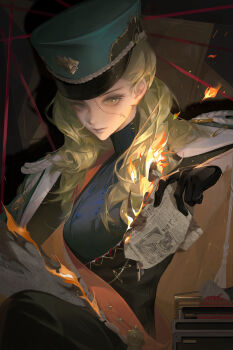 1girl black_coat black_dress black_gloves black_hat brown_hair burning burning_paper closed_mouth coat coat_on_shoulders corvus_(reverse:1999) dark_background dress fire gloves grey_eyes hand_up hat hegui_dongzhi highres holding holding_paper long_hair looking_at_viewer orange_sash paper reverse:1999 sash shako_cap shoulder_sash solo stitched_face stitches upper_body