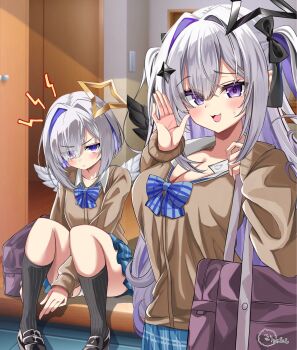 2girls alternate_costume amane_kanata amane_konata angel angel_wings black_bow black_shoes black_socks blue_hair bow breasts brown_cardigan cardigan cleavage closed_mouth collared_shirt commentary_request grey_hair hair_bow hair_intakes halo highres hololive inokeiwd large_breasts multiple_girls open_mouth purple_eyes shirt shoes siblings sisters small_breasts socks star_halo twins virtual_youtuber white_shirt wings