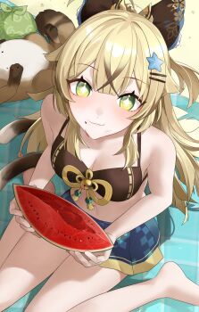1girl alternate_costume animal_ears bikini bikini_skirt black_bikini blonde_hair blush breasts cat_ears cat_girl cleavage closed_mouth eating food fruit genshin_impact green_eyes hair_between_eyes hair_ornament highres kirara_(genshin_impact) long_hair looking_at_viewer looking_up medium_breasts navel pleated_skirt sitting skirt smile sparkling_eyes star_(symbol) star_hair_ornament stomach swimsuit taira_(taira_oekaki) tanuki wariza watermelon